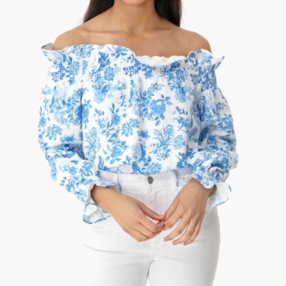 Tuckernuck Tops - Tuckernuck Marguerite Off the Shoulder Top Shirt Womens Small Blue Long Sleeve